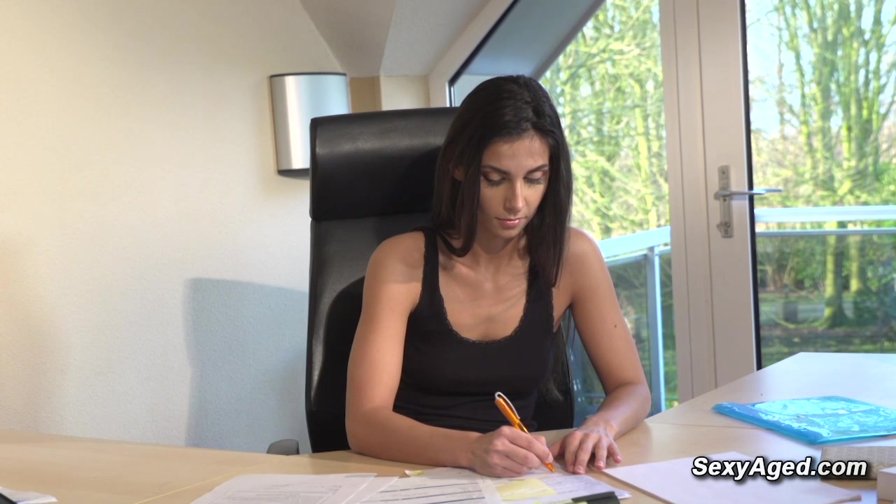 Old grandpa fucks shaved pussy teen Angela Allison on the desk in the office