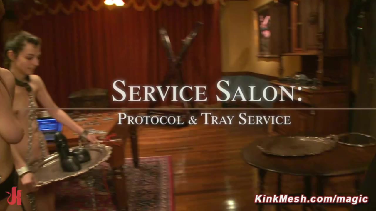 Service slaves Bella Rossi and Kristine Kahill tormented at lounge party