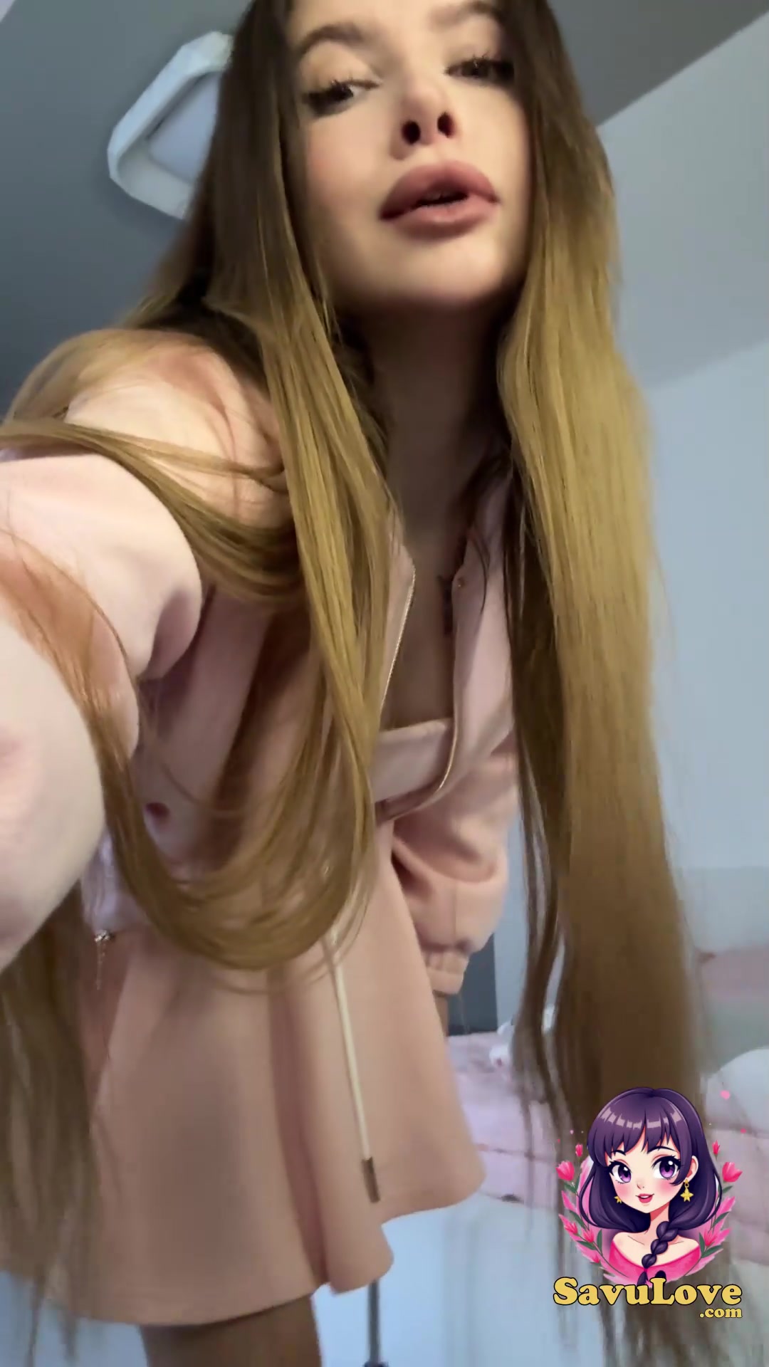 Sexy Adrianna Savu in dark-hued sundress plays with a enormous dildo, running in