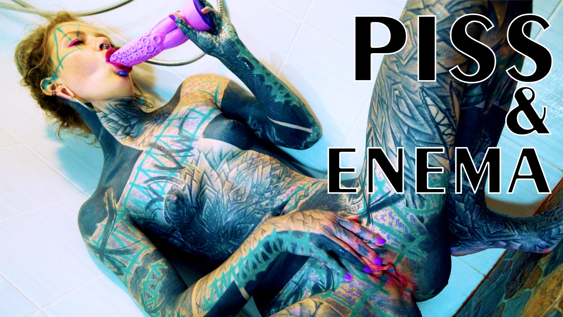 Heavily TATTOO model ANAL masturbation in shower