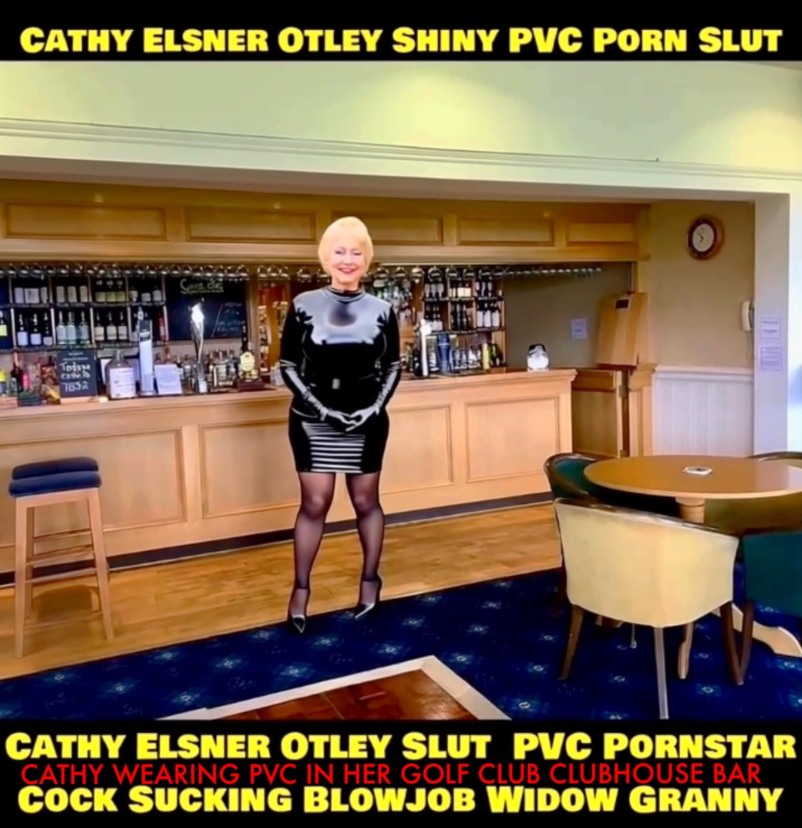 Shiny PVC Dress Clothing and High Heels Slut Costume in a Golf Clubhouse Bar