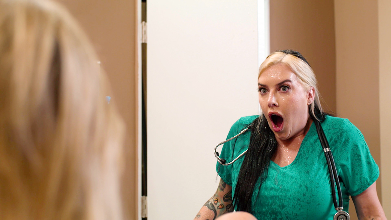 Busty tattooed blonde squirting all over the big tits nurse