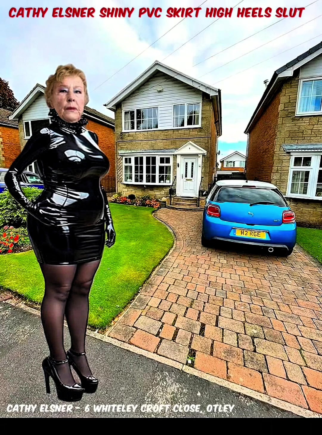 Slut Granny Cathy Dressed in a Very Tight and Shiny plastic PVC Skirt and Blouse