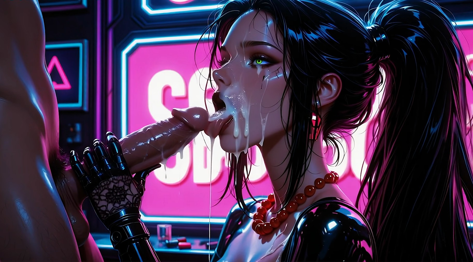 Cyber babe takes bar cock screaming as cum showers her face