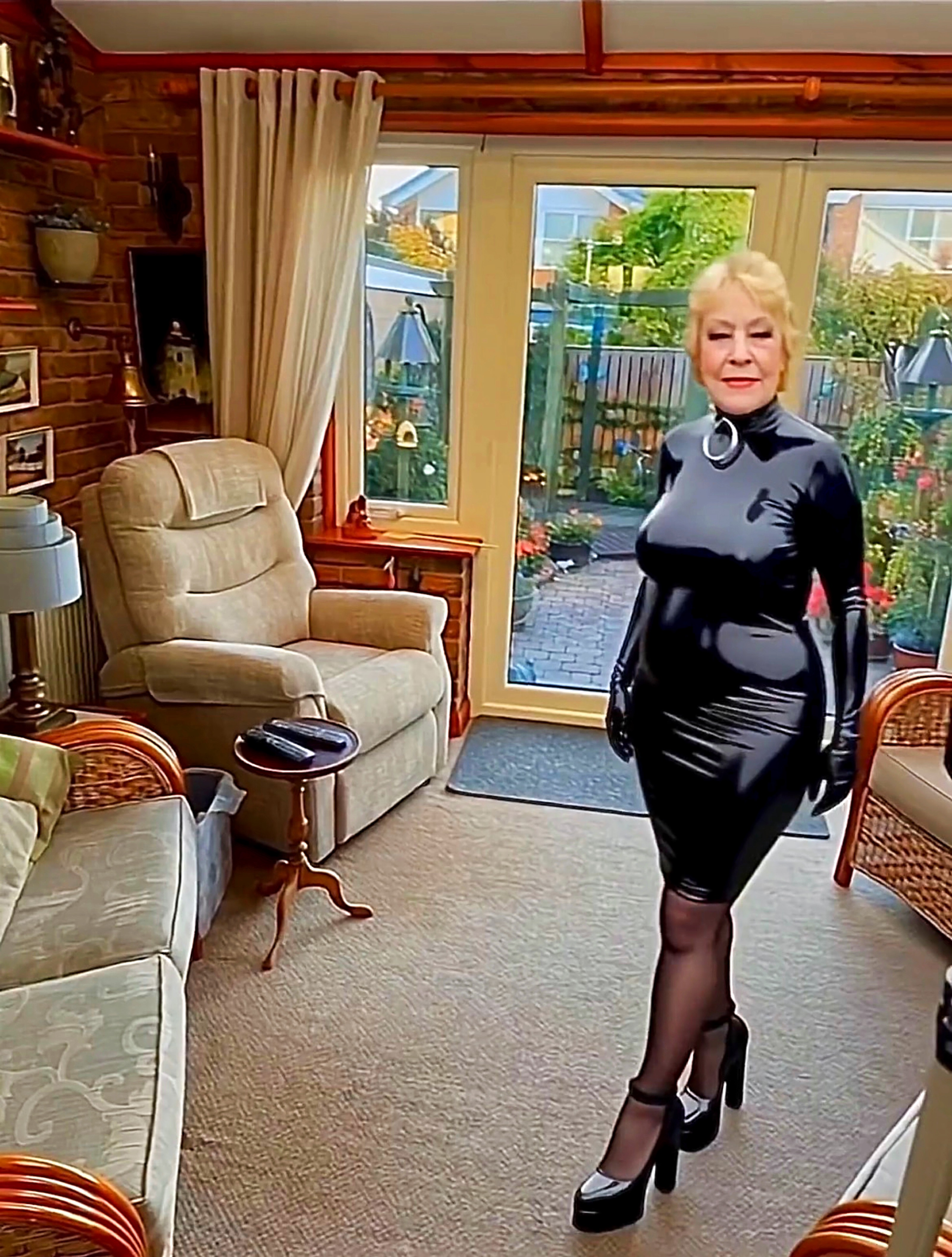 Cathy Shiny Rubber Latex High Heel Stockings Public Street Golf Club Slut Granny