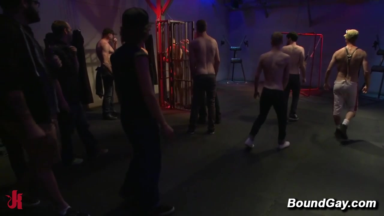 Randall OReilly Bound In Public Gay Gangbang Cage Oral Blowjob At Leather Playspace