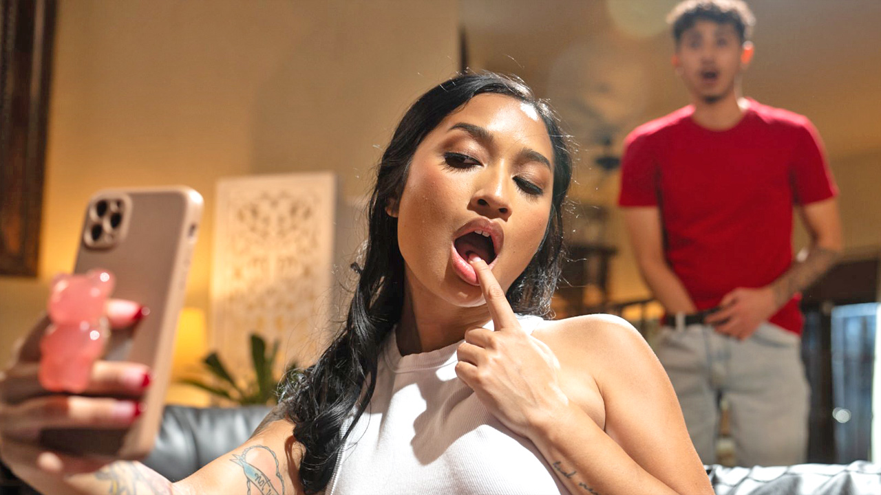 Asian teen maid Avery Black  caught masturbating by a young guy