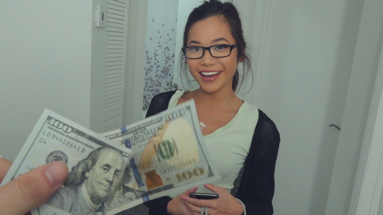 Money Makes Nerdy Girl Smile & Gobble!